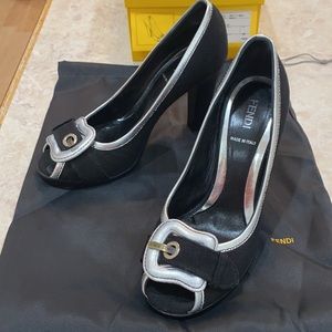 Fendi Black Canvas B Buckle Heels